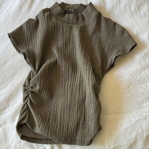 Zara Olive Textured Mock Neck Short Sleeve Top with Side Ruching